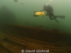 Diver exploring the wreck of the wooden Steamer 'Raleigh'... by David Gilchrist 